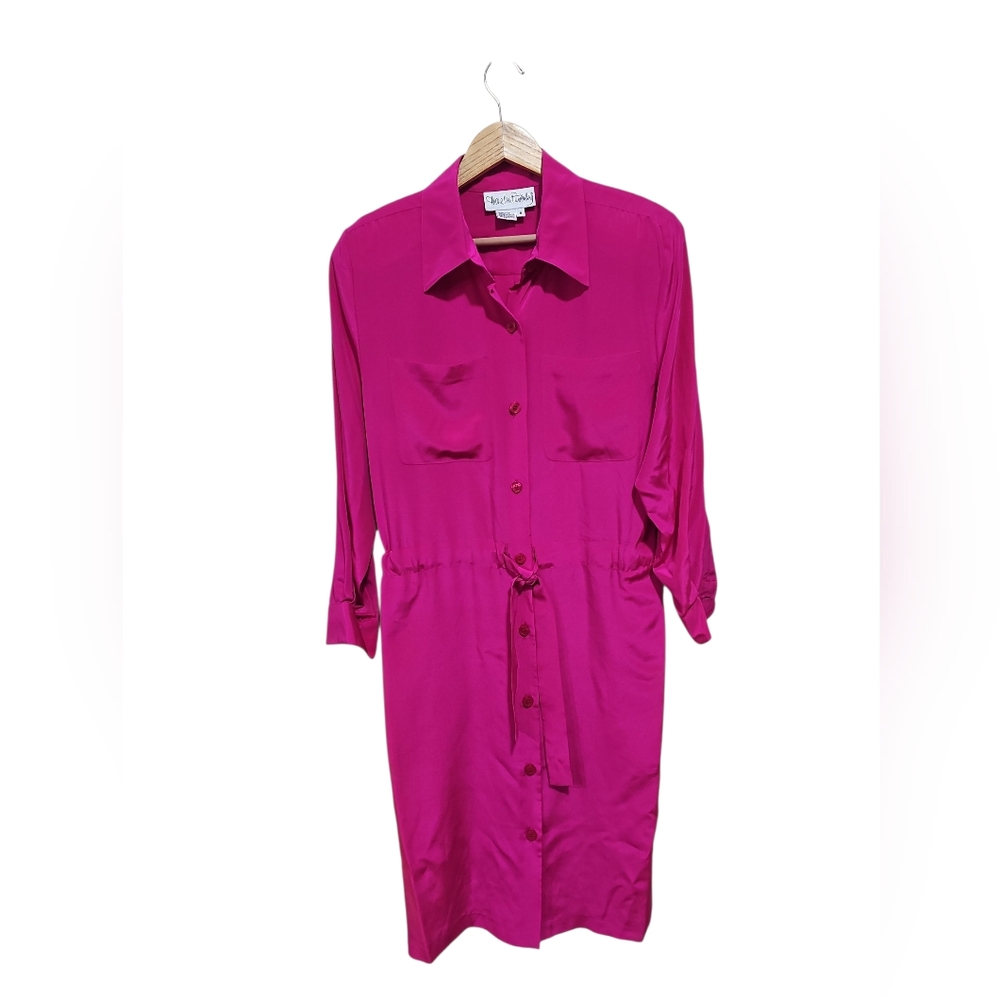 Diane Von Furstenberg Long Sleeve Hot Pink Silk Shirt Dress With Tie Sz 8